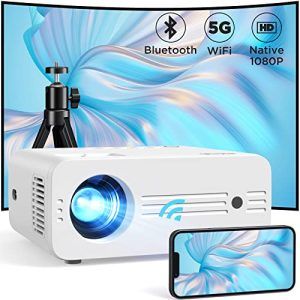 Proyector 5G WiFi Bluetooth con Tripode, Proyector Portátil 4K Compatible 1080P Nativo 9000 Lumens, AKIYO O7 Proyector Casa Cine con Entrada HDMI/AV/USB para Smartphone/PC/TV Stick/PS5/XBOX